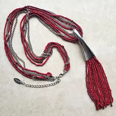 Jules B Necklace Red And Silver-Tone Seed Bead Chain Pendant Tassel Signed • $12.55