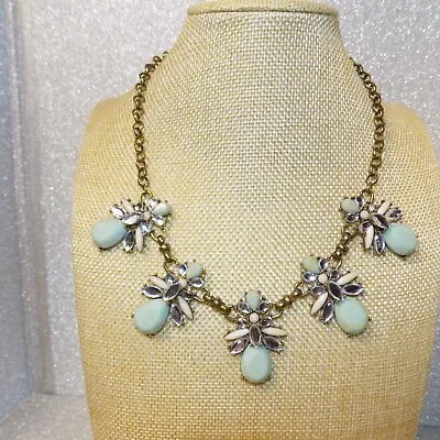 Bib Statement Necklace Faux Mint Green Stone Rhinestones Brass Tone • $9.35