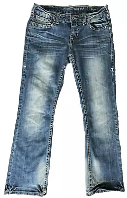 Cowgirl Tuff Jeans MEASURE 33x32 Thick Stitch Bootcut Silver Studded Distressed • $22.99
