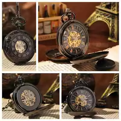 Pocket Watch Smooth Double Case Skeleton Dial Mechanical Movement Silver W/Chain • $20.99