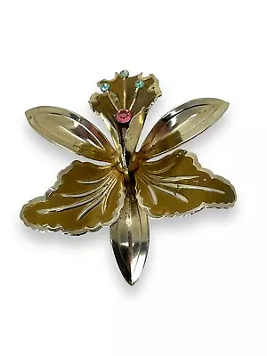 Vintage Goldtone Iris Flower W/Pink & Blue Rhinestones Brooch Pin • $14.99