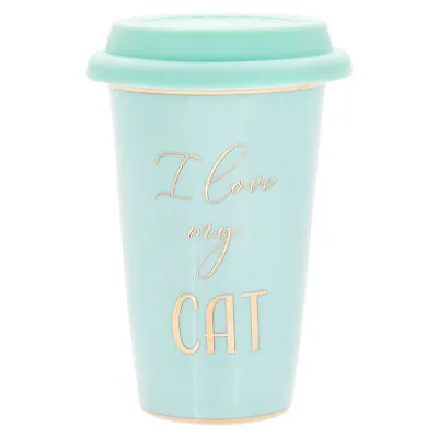 Fine China Green Travel Mug- Silicone Lid Gold Wording And Trim - I Love My Cat • $19.04