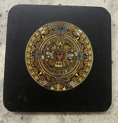 Brass On Wood Aztec Mayan Maya Inca Sun Calendar Wall Hanging 6” • $4.99