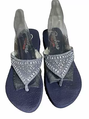 WOMENS SKECHERS YOGA FOAM WEDGE Navy /BLING SANDAL FLIP FLOP SIZE 10 • $8