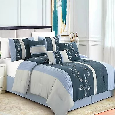 Blue Gray Grey Floral Embroidery 7 Pc Comforter Set Twin Full Queen Cal King Bed • $151.90