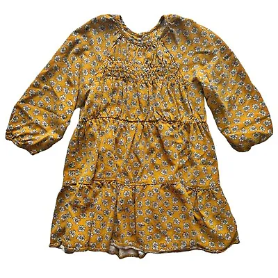 ZARA Girls 4-5 Years Floral Print Mustard Yellow Long Sleeve Tiered Boho Dress • $13.79