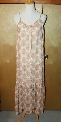 NEW Veronica M. MEDIUM Chiffon Oversized Maxi Dress Tan Paisley Ruffle Hem • $34.88