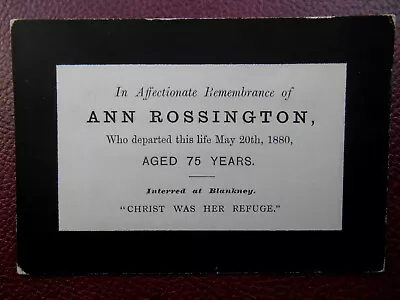 In Memoriam Card Ann Rossington Blankney Lincolnshire Died 20th May 1880 Aged 75 • £1.49