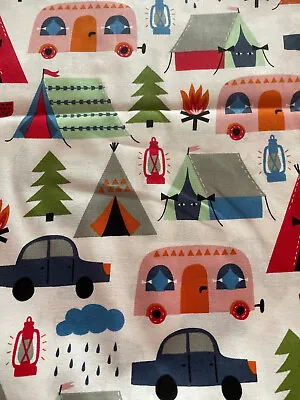 Fabric Camping 1 3/4 Yd Brother Sister Tent Trailer Tree Fire Multicolor Cotton  • $14.56