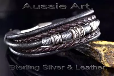Armband Wristband Sterling Silver & Leather Men Bracelet 1B-312 • £27.85