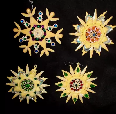 4~vintage Celluloid(?) Plastic Hand Embellised W/beads & Jewels Star/snowflakes • $18.99