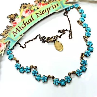 Michal Negrin Necklace Dainty Flowers Choker Turquois & Swarovski Crystals Gift • $87.20