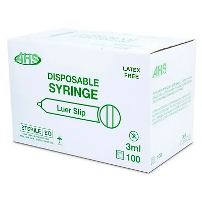AHS 3ml 3cc Luer Slip Syringe Sterile 100/Box Syringe Only No Needle • $17.50