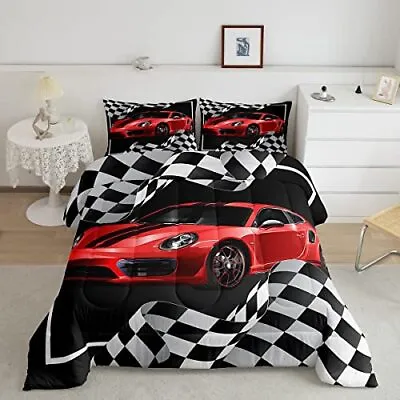 Red Race Car Comforter Set Twin Size Black White Lattice Bedding Set 2pcs For Ki • $58.67