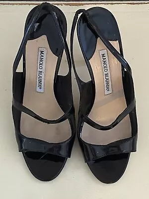 MANOLO BLAHNIK Black Patent Leather Slingback Sandals Heels Size 36.5 6; 6.5 • $74.99