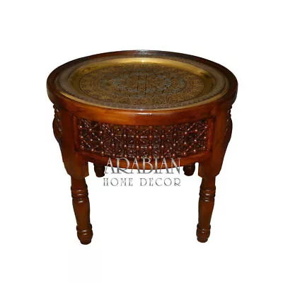 Handcrafted Moroccan 20  Round Oxidize Brass Tray Table Brass Coffee Tea Table • $450