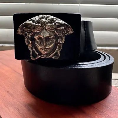 Gianni Versace Vintage Leather Belt Black Silver Medusa 90/36 Italy Waist 30-32 • $320