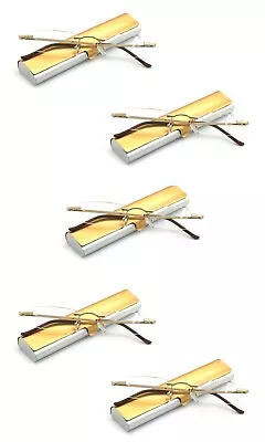 EYE ZOOM 5 Pairs Metal Rimless Reading Glasses With Spring Hinge Light Slim Case • $33.99