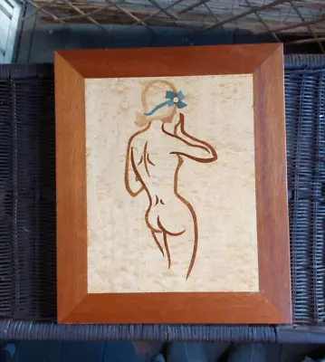 Vintage Wood Marquetry Inlay Picture Nude Woman  Wall Art 14  X 11.5  • $30