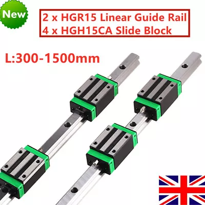 2 X HGR15 Linear Guide Rail 300-1500mm+4 X HGH15CA Slide Block Carriage For CNC • £35