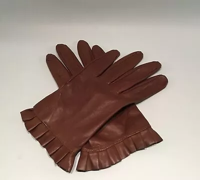 Vintage MULBERRY SMALL-MED Fine Leather Ladies Gloves Brown Frill Cuff Tree Logo • £85