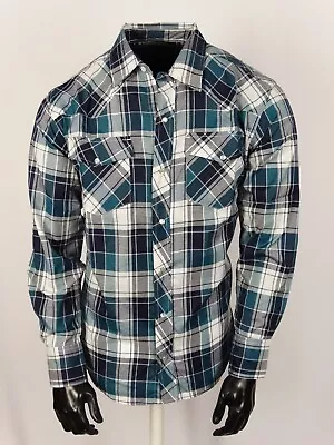 Plaid Shirt Mens Teal Blue Western Flap Pockets Triple Snap Cuffs Casual Wear • $19