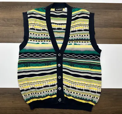 Vintage Aureus Mens L Yellow Black 100% Pima Cotton Knit Sweater Vest Cardigan • $17.99