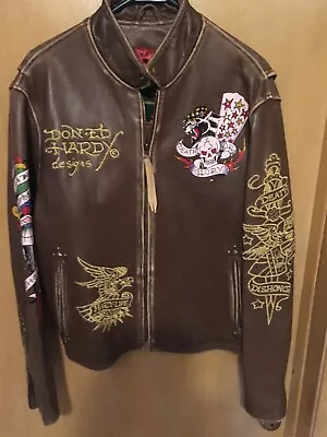 Ed Hardy Vintage Leather Death Before Dishoner Mens Biker Jacket (L) • $2900