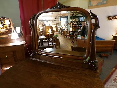 Antique Oak Highboy Dresser Ornate Carvings Bedeled Edge Mirror Refinished 1900  • $985