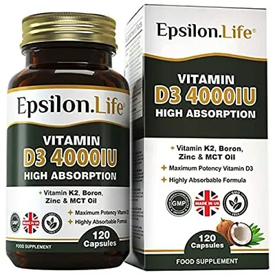 Epsilon Vitamin D3 4000IU K2 Mk-7 Zinc Boron MCT Oil Supplement Ultra Absorption • £18.99