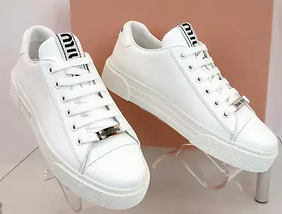 Miu Miu Prada 5e165d White Leather Metal Logo Lace Up Platform Sneakers 39 • $345