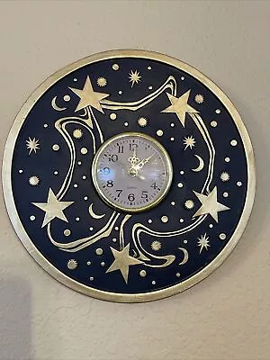 £32.33 • Buy Stars Moon Sun Wall Clock Heavy Blue & Gold Resin 9.75”