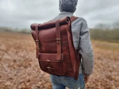 Men's Real Genuine Large Hiking New Rucksack Leather Backpack Laptop Bag • $64.60