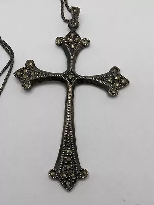 Vintage Oxidized Sterling Silver 925 Marcasite Large Cross Pendant W/ 18  Chain • $102.01