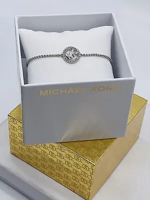 MICHAEL KORS Gift Box SILVER  Circle Pave Crystal Logo Charm Slider Bracelet • $57.96