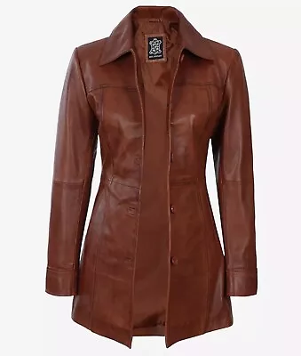 Women's Vintage Brown Leather Coat | Handmade Brown Leather Trench Coat • $146.82