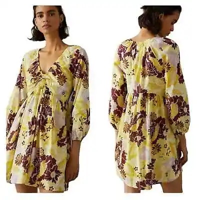 By Anthropologie Yellow V Mini Dress Floral Retro Cinched Bubble Mini Dress L • $79.99