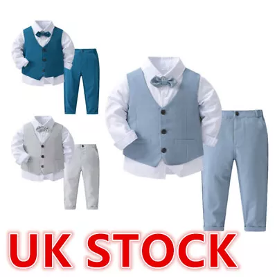 UK Boys Gentleman Outfit Wedding Party Long Sleeves Shirt Suit Bowtie Pants Vest • £12.49