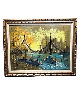 Vintage Large 70s Drip Oil Painting Nautical Ships Mid Century Wall Art Modern • $299.99