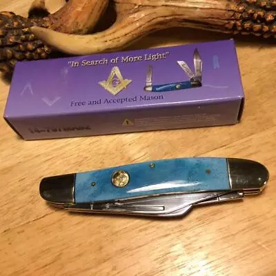 Frost Blue Smooth Bone Masonic Wrangler 3 7/8  Stockman Pocket Knife F14797MAS2 • $18.98