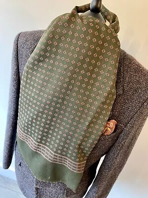 VINTAGE Mens 70's INDIE/MOD PELO GREEN SILK & WOOL RETRO PATTERN LONG SCARF • £11.99