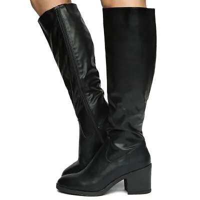 $33.99 • Buy Faux Leather High Chunky Block Heels Mid Calf Knee High Winter Fashion Boots