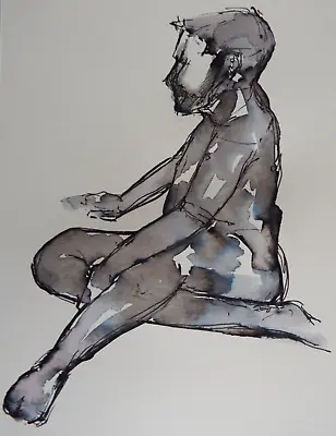 Original Nude Black Pen & Ink Wash Life Drawing Male Model Sitting Floor Pose • $31.57