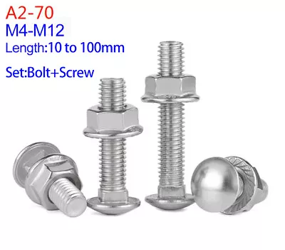 M4 M5 M6 M8 M10 M12 Stainless Steel A2 Carriage Bolts /cup Square Coach + Screws • £2.99