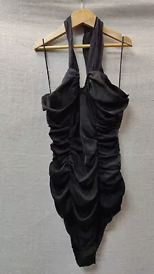 ZARA Size Medium Black Ruched Bodysuit Brand New Satin Feel Halter Neck Tie • £12.99