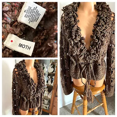 Anthropologie Moth Brown Crochet Knit W/ Ruffle Trim Cardigan Sweater Sz Xl • $20