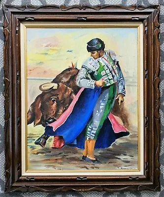 Vintage Original Painting Bullfighting Spanish Matador Bull MCM Framed Artwork • $349.99