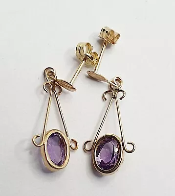 9ct Yellow Gold Stud Amethyst  Dangle / Drop  Celtic Earrings • £60