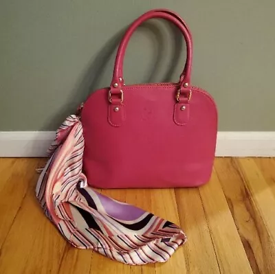 Vera Pelle Bright Pink Leather Handbag Satchel Purse Made In Italy With Scarf • $27.99