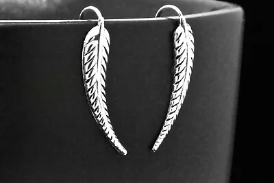 Sterling Silver Leaf / Feather Oxidized French Wire Boho Antique Style Earrings • $53.24